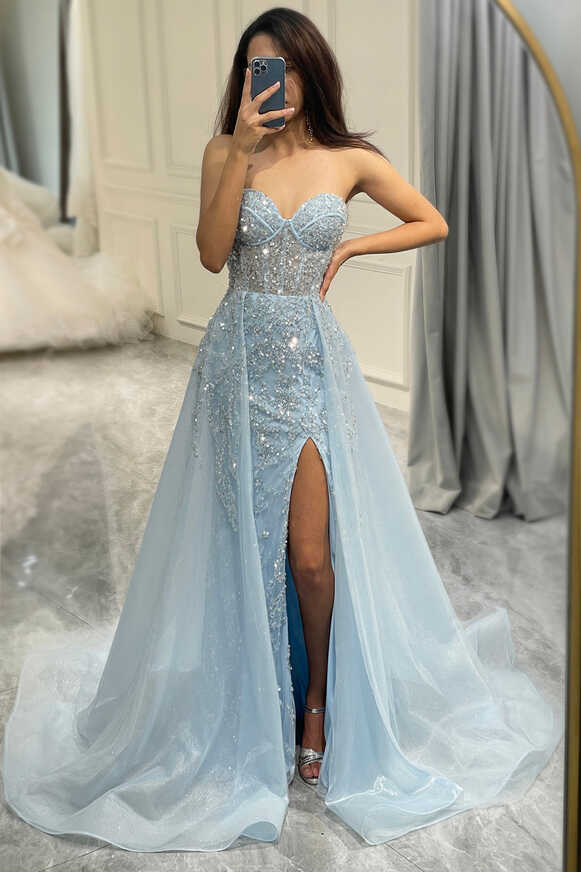 Queendancer Women Light Blue Long Prom Dress Glitter Corset Formal ...