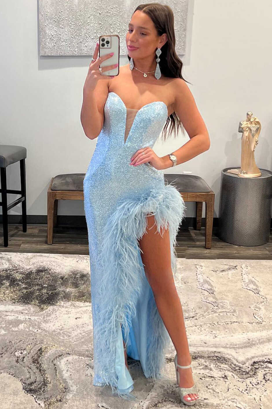 Queendancer Women Light Blue Sparkly Sequins Long Prom Dress with ...