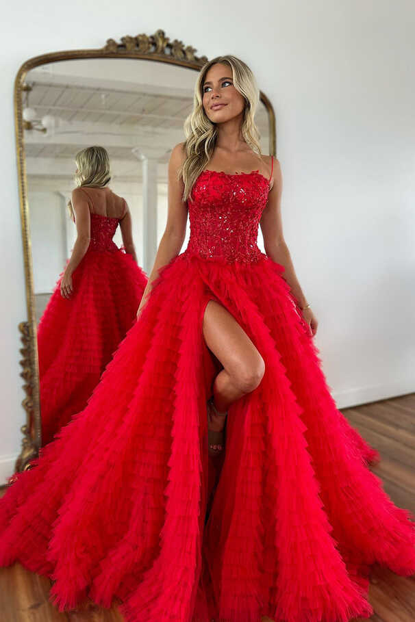 Queendancer Women Sparkly Red Ruffled Corset Long Prom Dress with ...