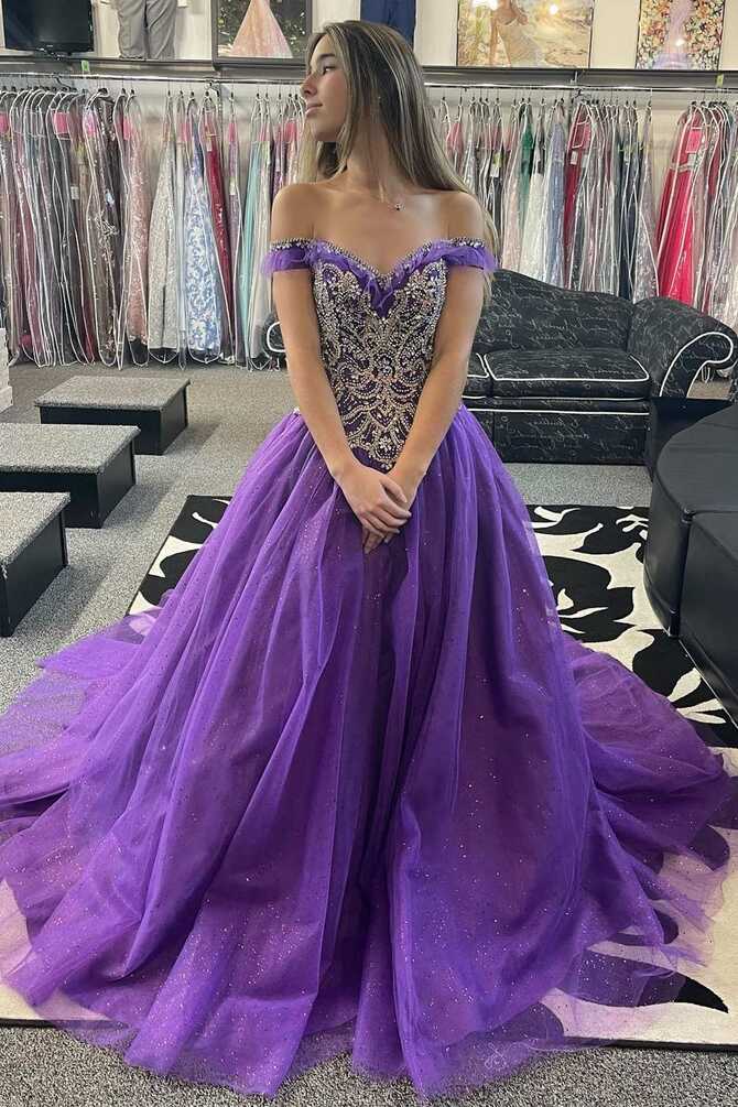 Quinceanera Dress Princess Purple Beaded Off-the-Shoulder Ball ...