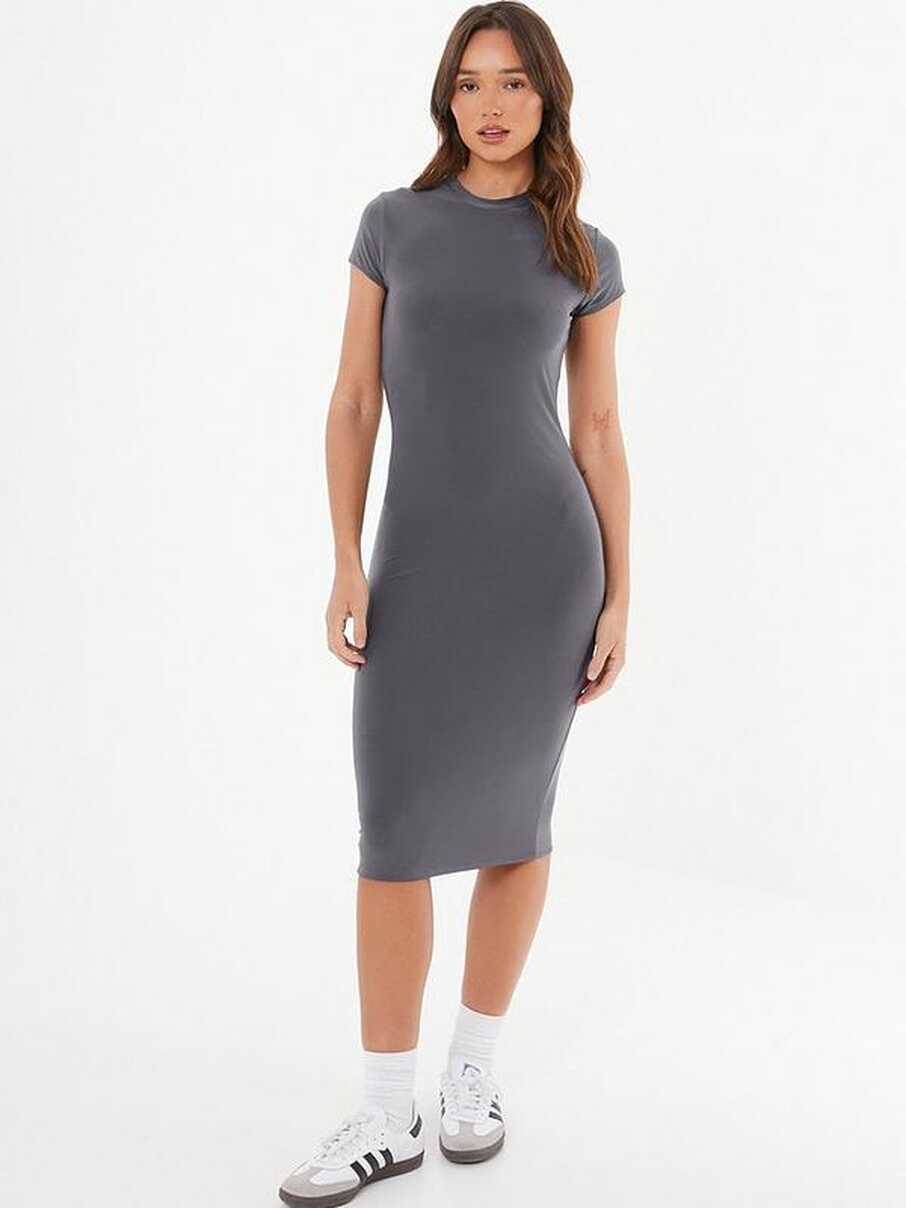 Quiz Grey Short Sleeve Bodycon Midi Dress | Very.co.uk