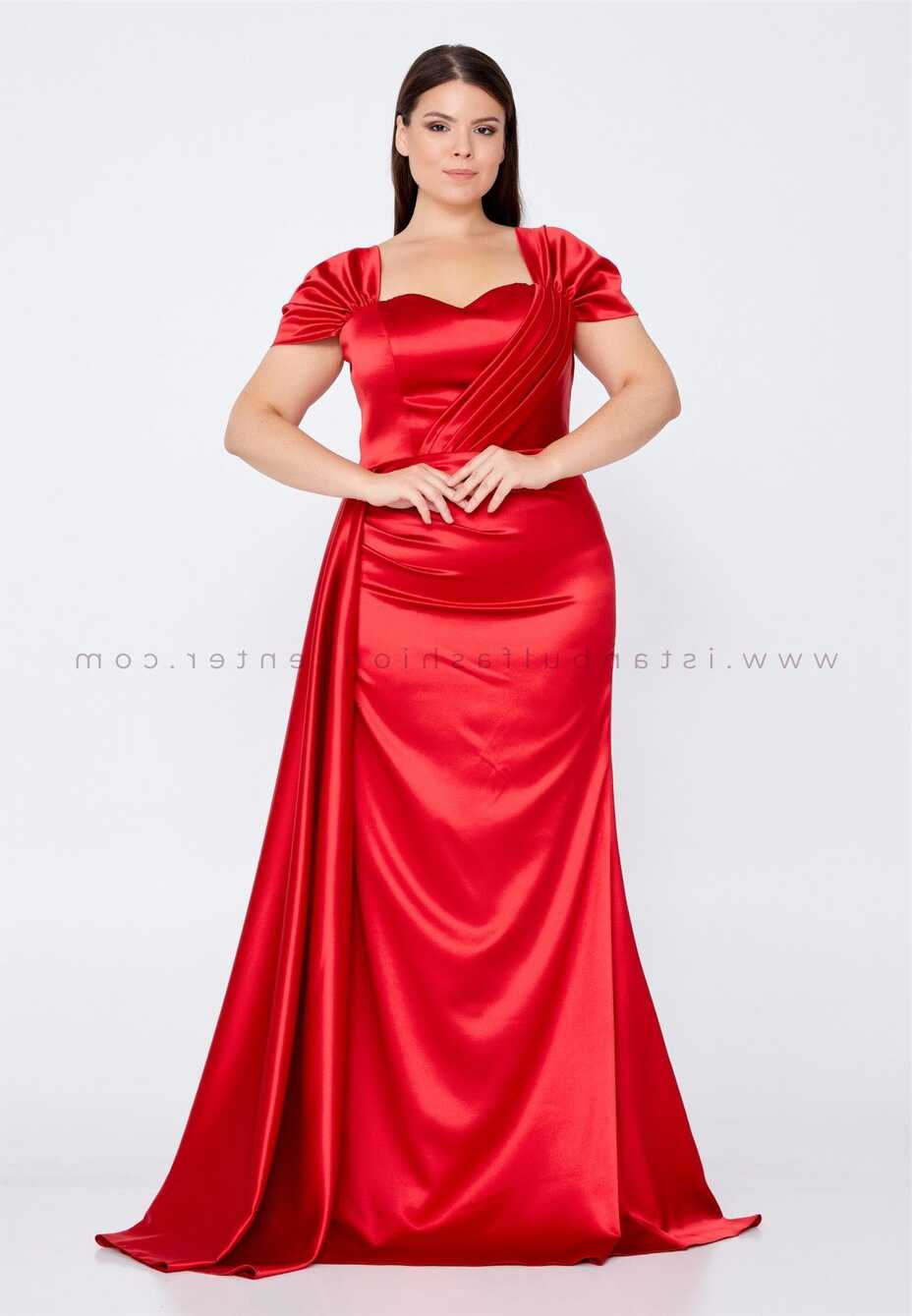 RAMONNA LIFE Short Sleeve Maxi Satin Column Plus Size Red Wedding ...