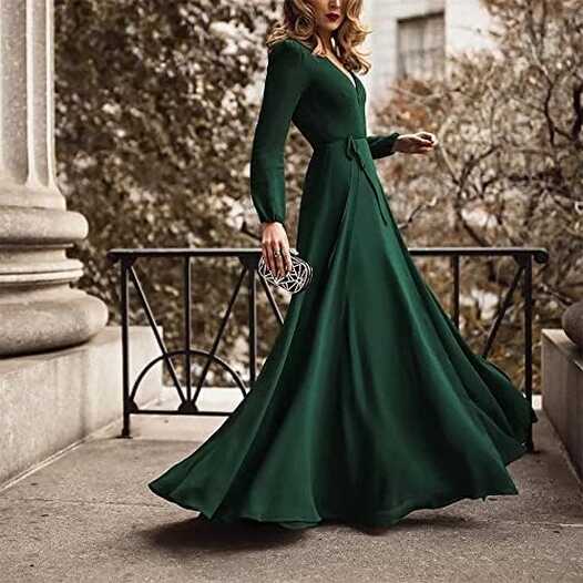 RIOXS Womens Elegant V Neck Long Dress Long Sleeve Party Wedding ...