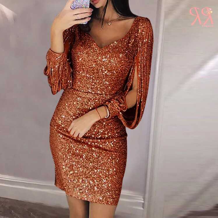 RR Women Autumn Dress V Neck Tassels Bodycon Shining Slim Fit High ...