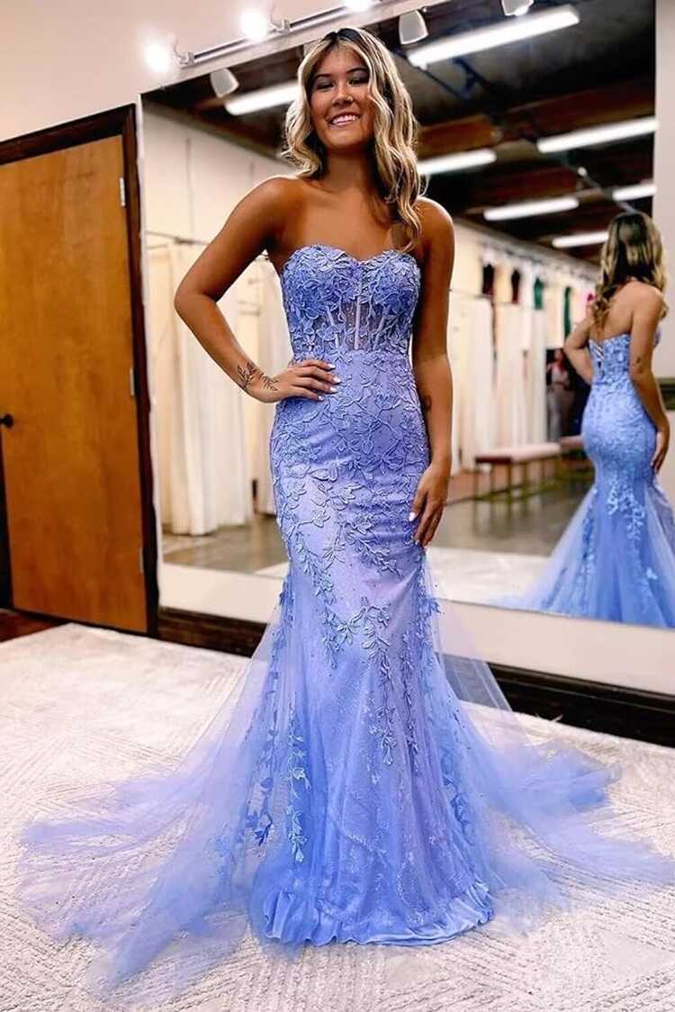 RSOETOO Elegant Mermaid Prom Dress Long Lace Strapless Tulle ...