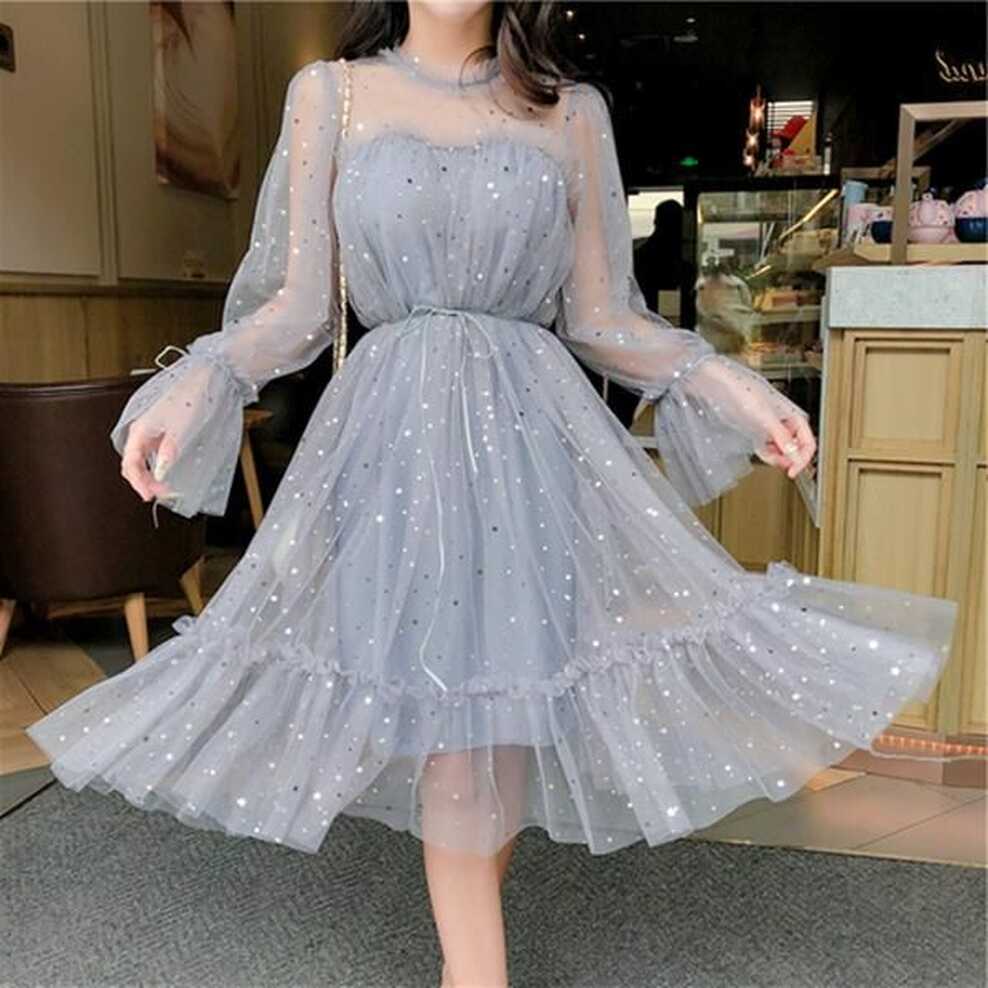 RUGOD New shiny women dress sequined transparent loose a line mesh ...