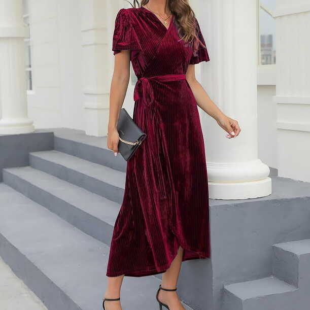 RYRJJ Women&#39;s Elegant Velvet Semi Formal Wrap V-Neck Dress Ribbed ...