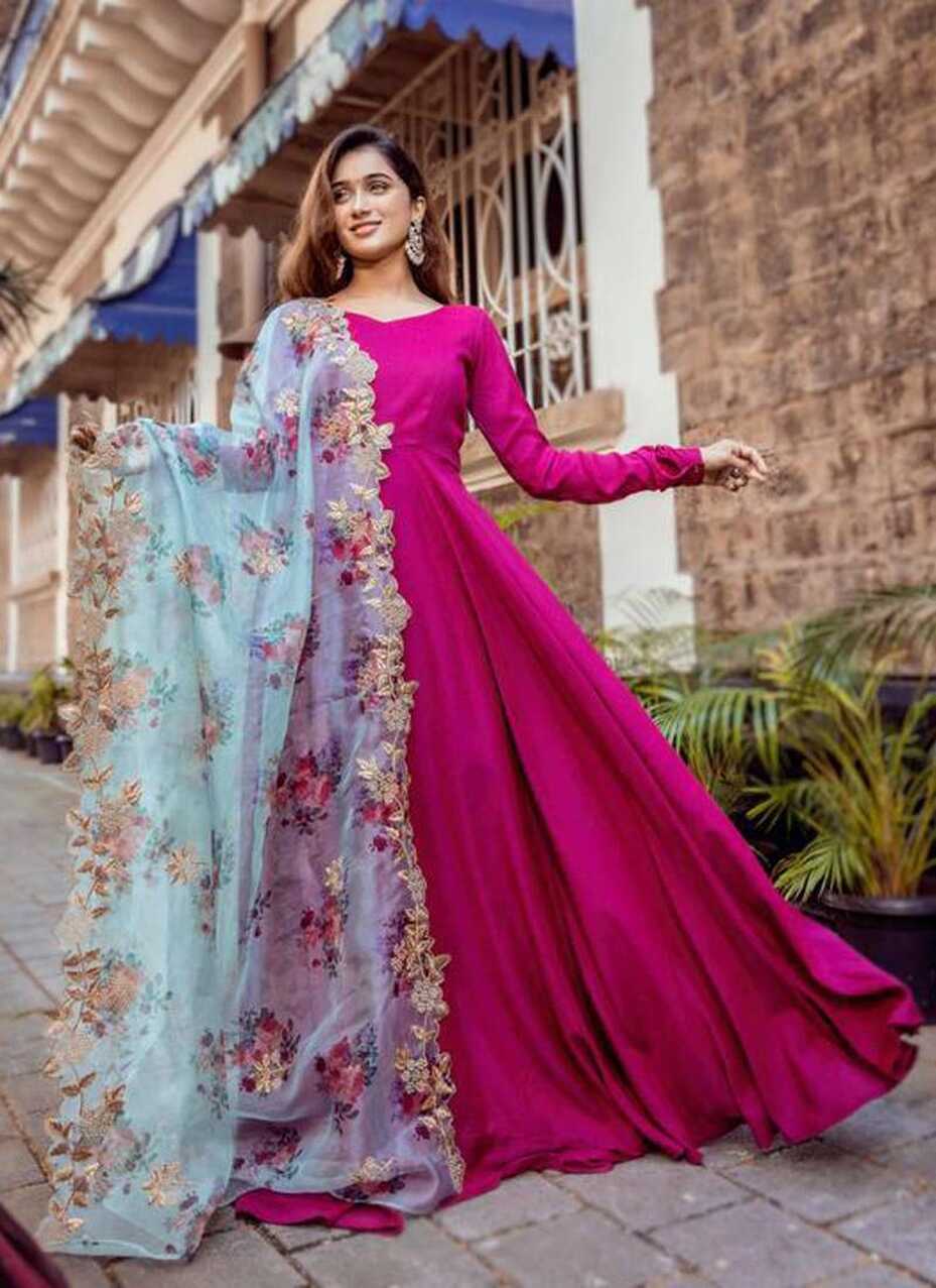 Rani Pink Rayon Designer Gown with Organza Dupatta - PrazuFashion ...