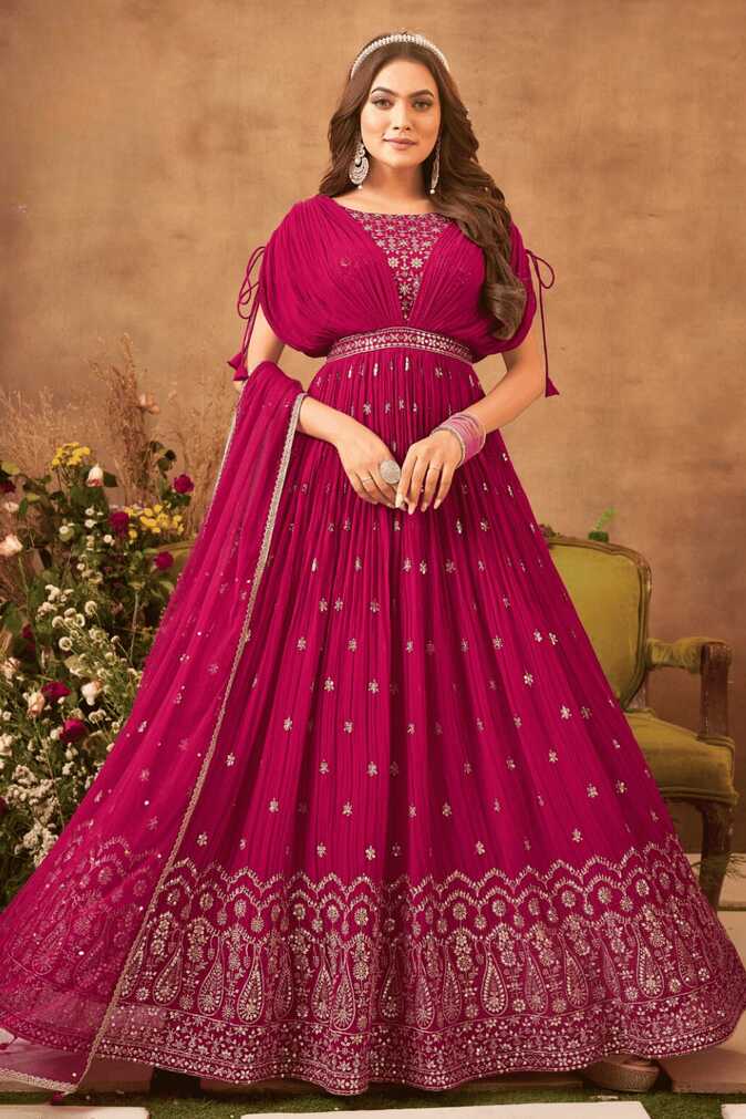 Rani Pink Silver Zari and Sequins work Poncho Style Anarkali Gown ...