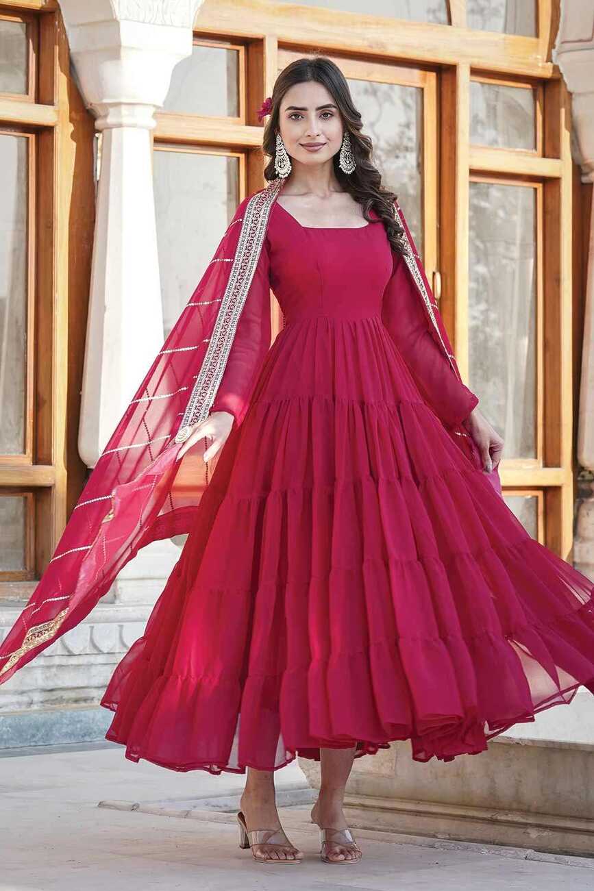 Rani pink Gown Dress with Embroidered Faux georgette - GW0787