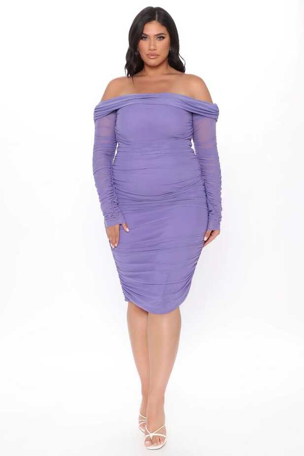 Ready In A Ruched Off Shoulder Midi Dress - Purple | Purple midi ...