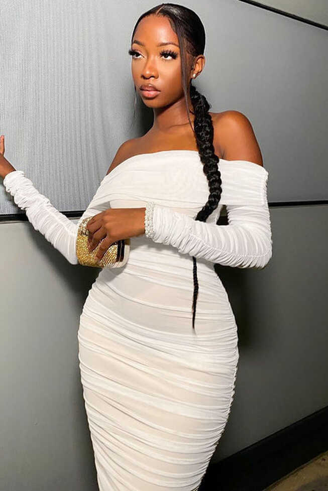 Ready In A Ruched Off Shoulder Midi Dress - White | Fashion Nova ...