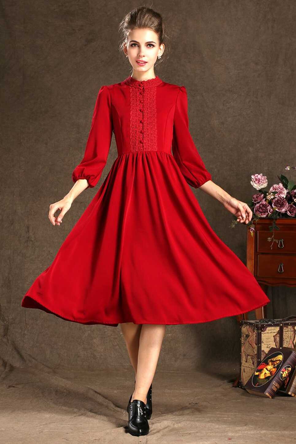 Red 3/4 sleeve below the knee Mockneck aline dress with button ...