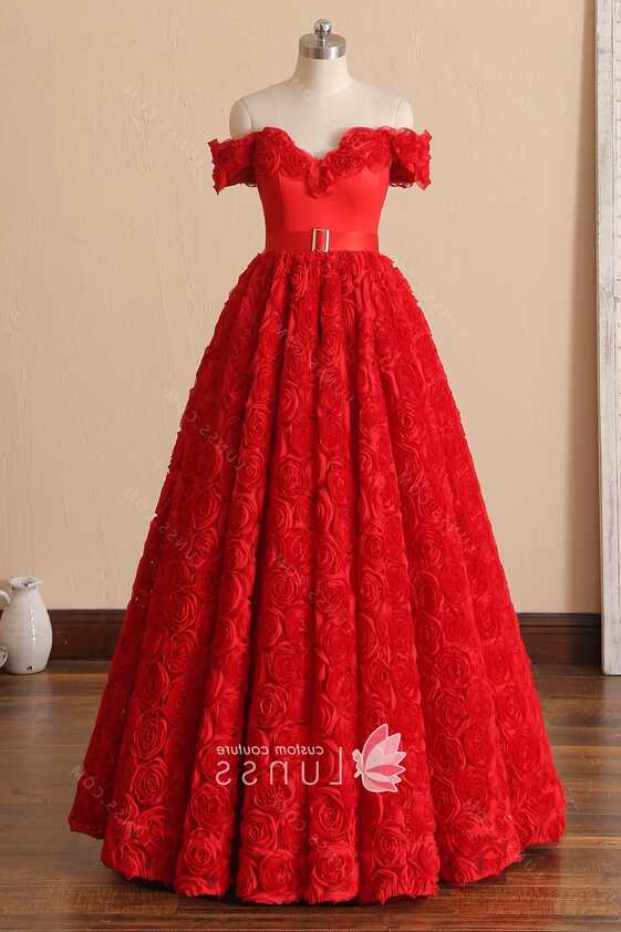 Red 3D Rose Off-the-shoulder Ball Gown Birthday Dress - Lunss