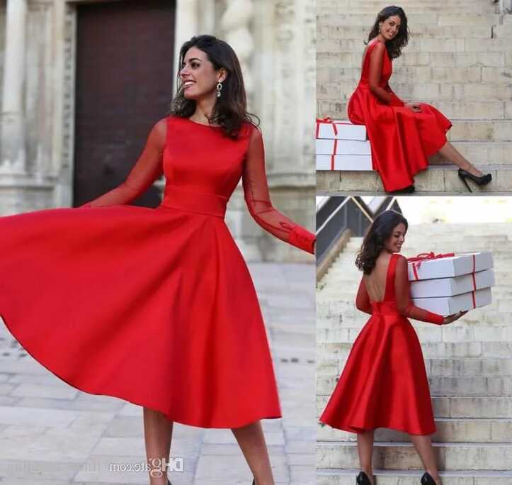 Red A Line Midi Red Homecoming Dresses With Jewel Neckline Long ...