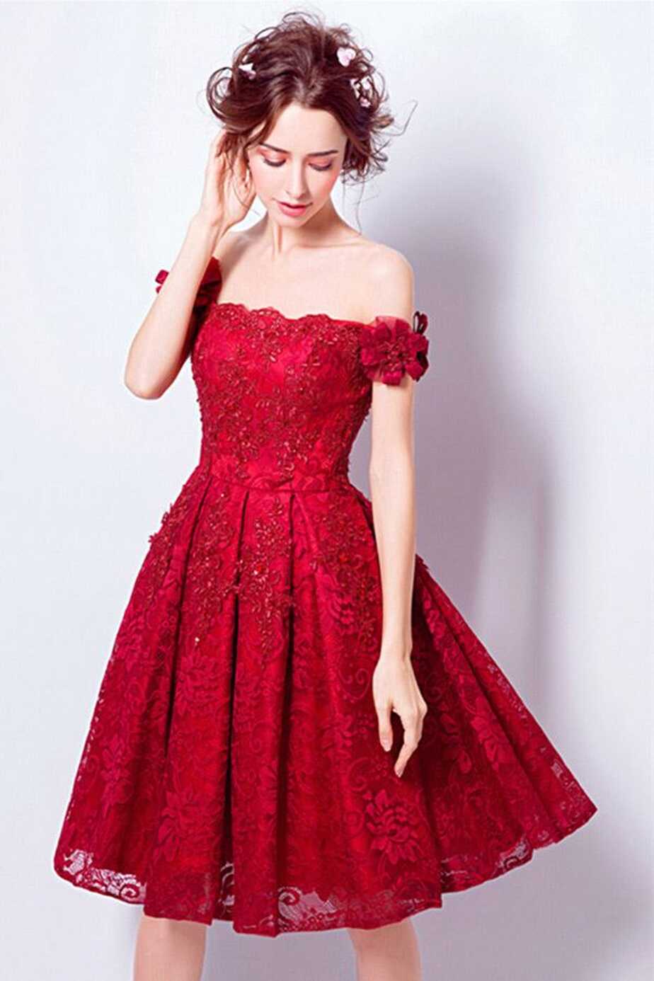 Red A-line Off-the-shoulder Short Lace Wedding Dress With Beading