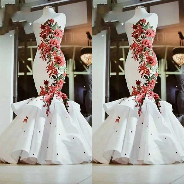 Red And White 3d Floral Flowers Mermaid Wedding Dress Lace-up ...