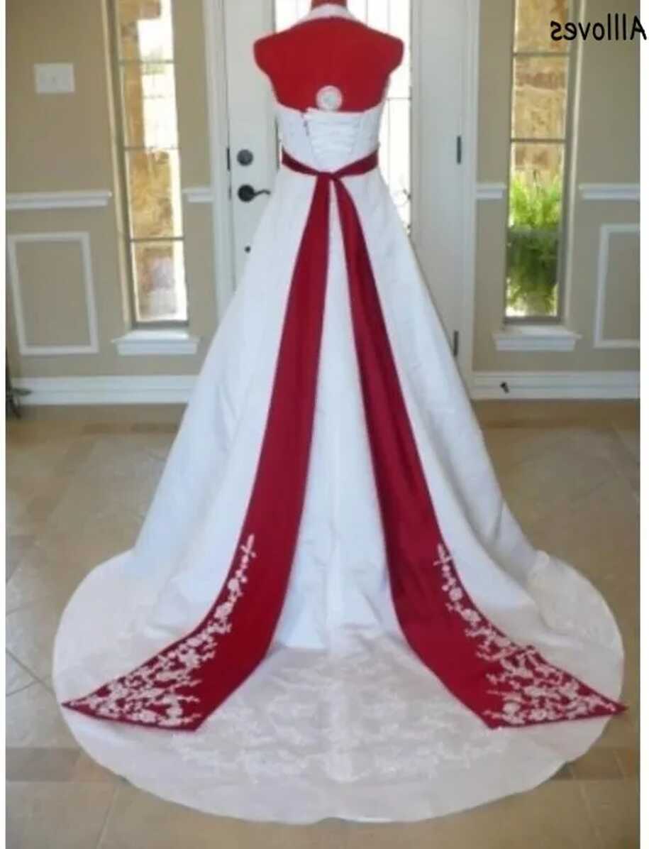 Red And White Satin A Line Wedding Dress With Lace Embellishment ...