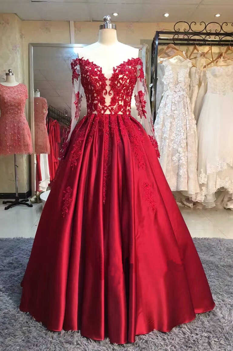 Red Ball Gown Floor Length Off Shoulder Long Sleeve Appliques Prom ...