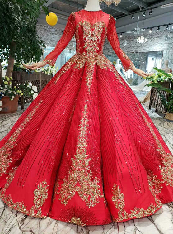 Red Ball Gown Sequins Gold Sequins Long Sleeve Floor Length ...