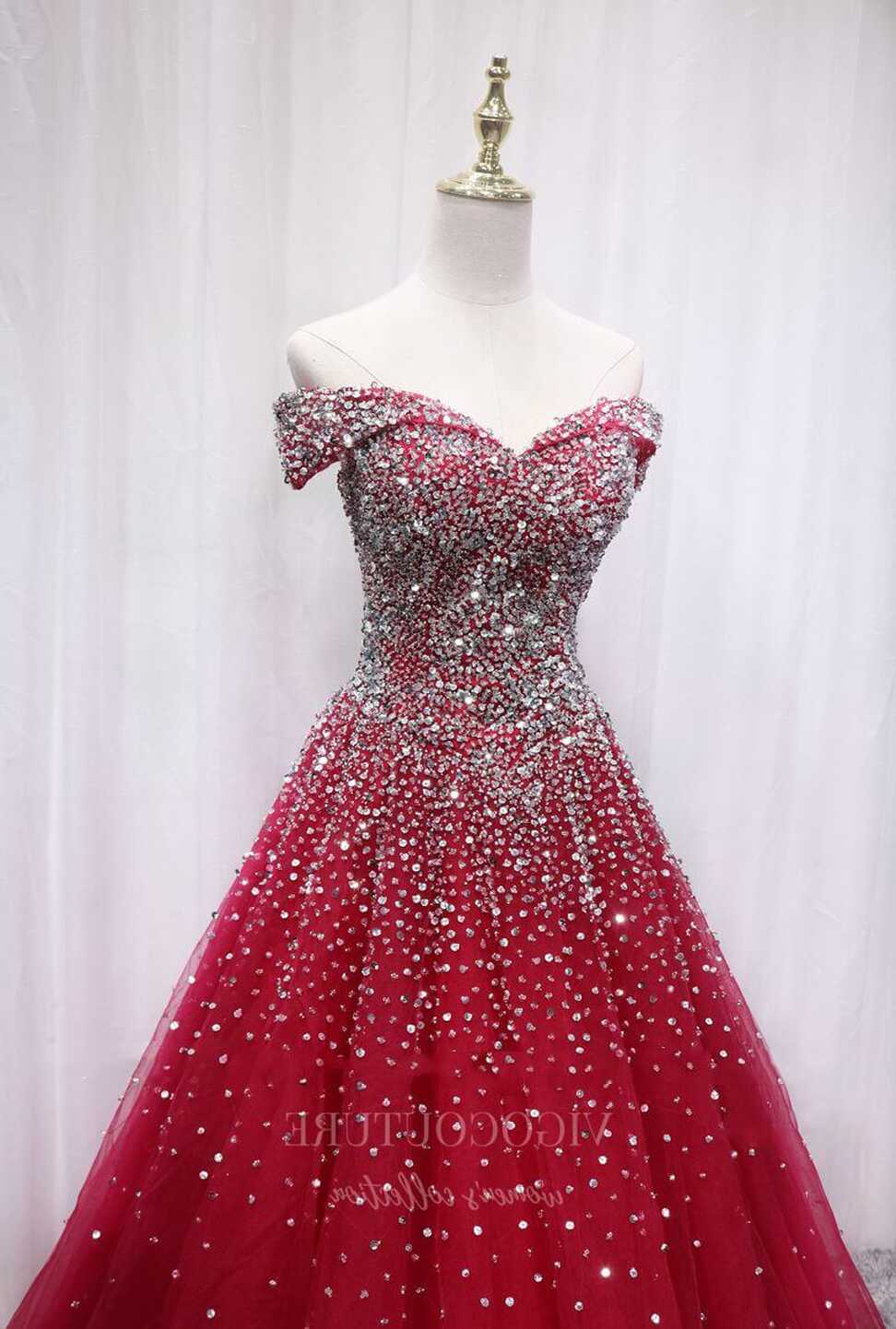 Red Beaded Prom Dress 2022 Off the Shoulder Evening Gown 20398 ...