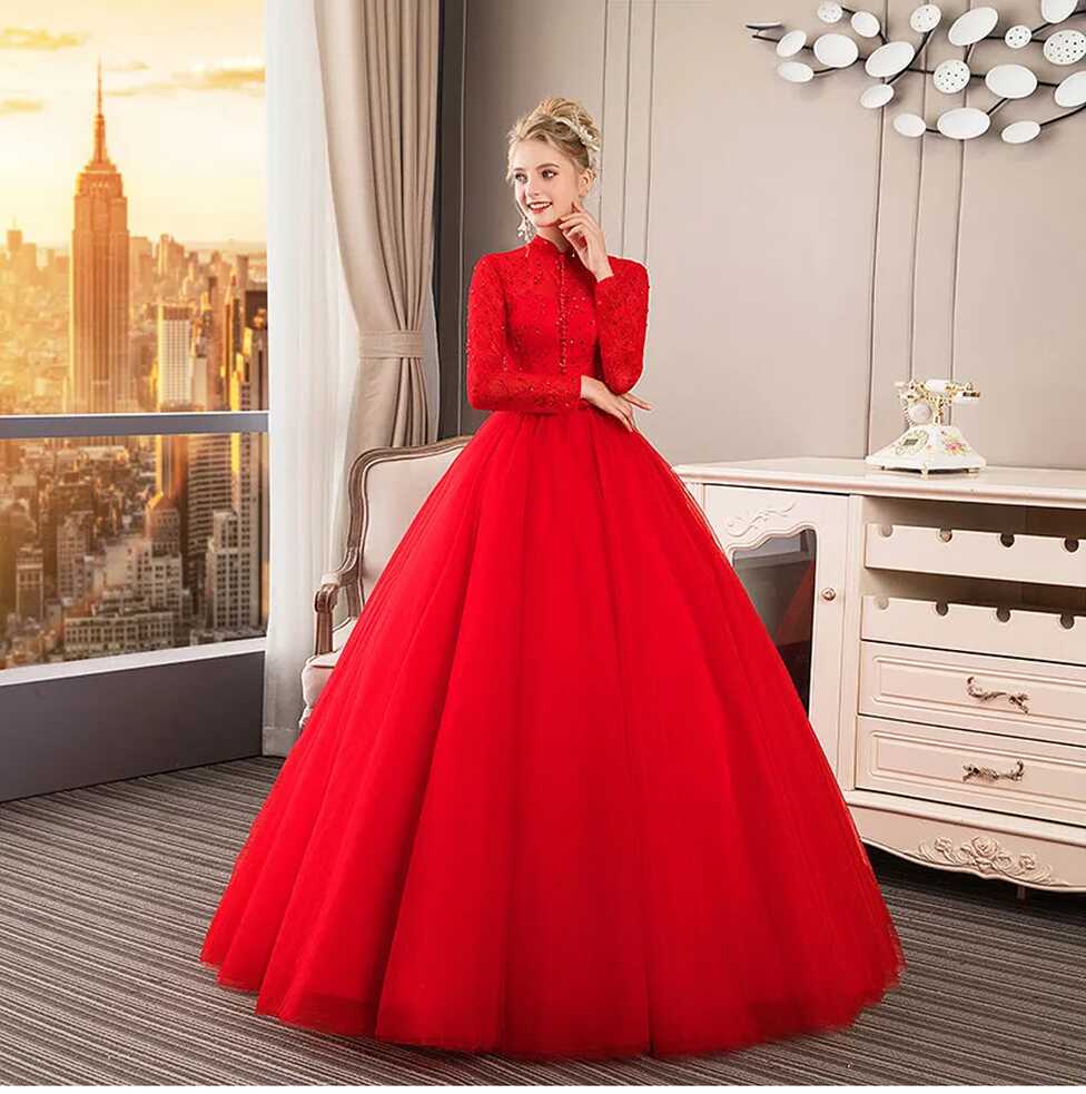 Red Beads Tulle Ball Wedding Dress Long Sleeve Lace-up Fully ...