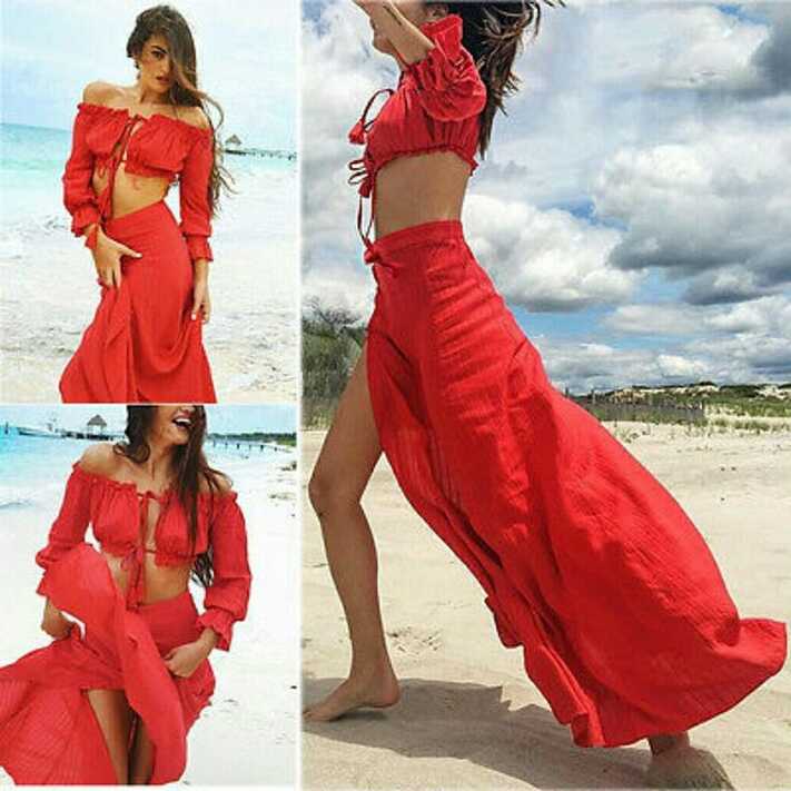 Red Beauty Crop 2 piece Maxi Dress