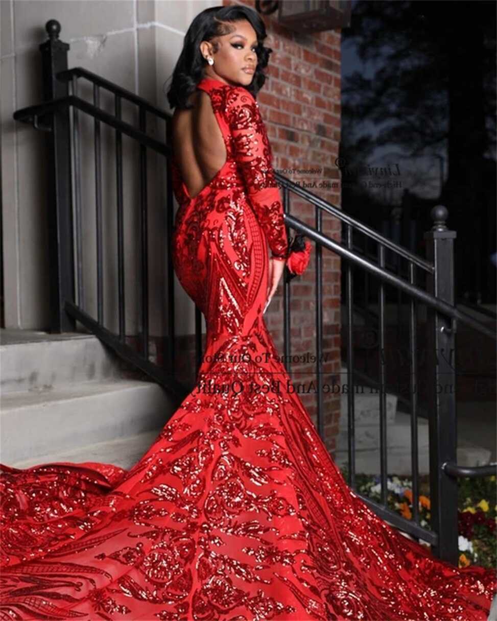 Red Black Girls Mermaid Prom Dresses For Women 2022 Long Sleeves ...