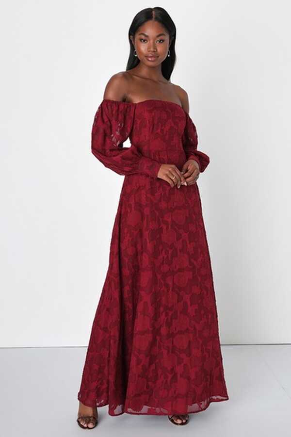 Red Burnout Dress - Off-the-Shoulder Maxi Dress - Chic Dress - Lulus