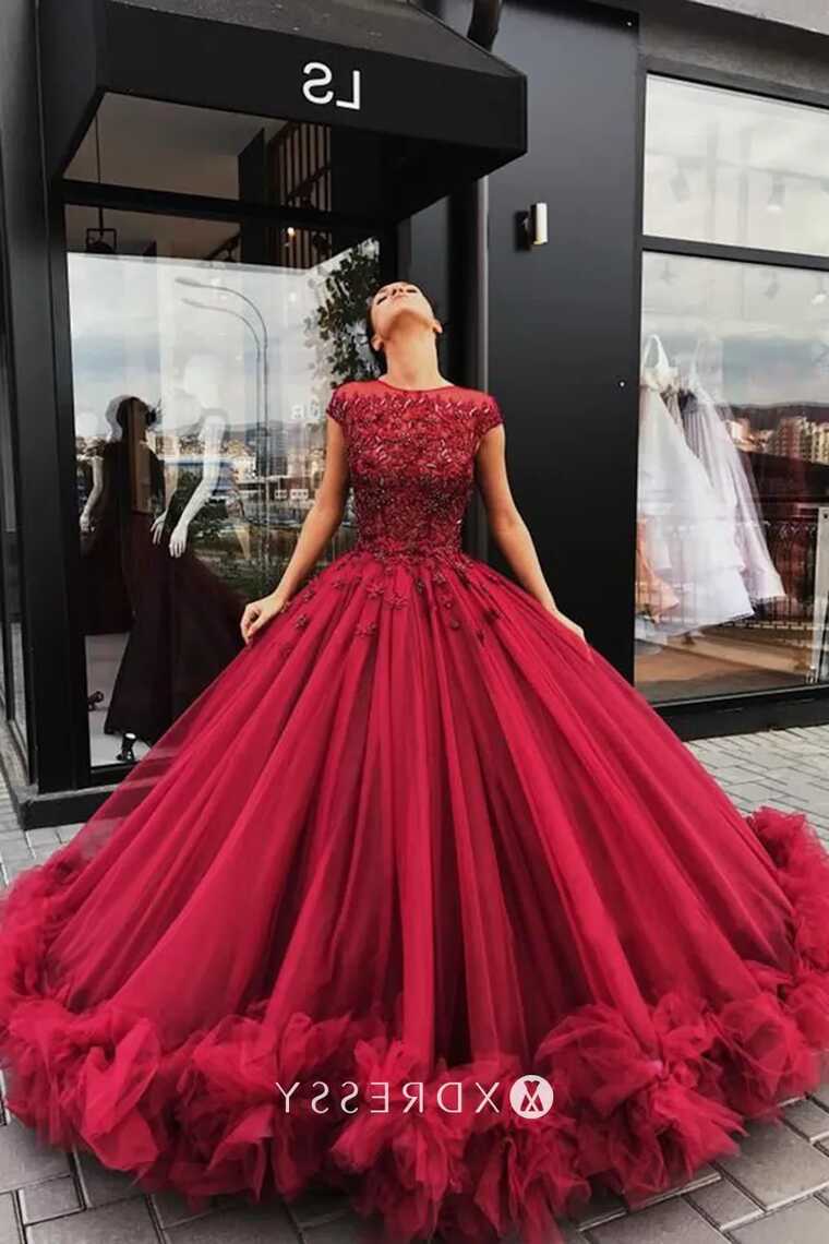 Red Cap Sleeve Beaded Sweet-16 Quinceanera Ball Gown - Xdressy