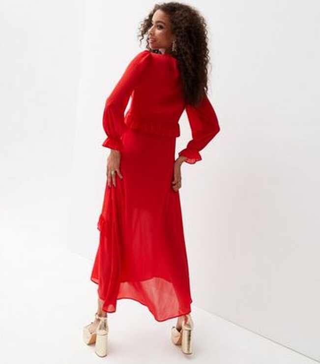 Red Chiffon Tiered Ruffle Long Sleeve Midi Dress | New Look