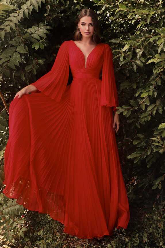 Red Cinderella Divine CD242 Long Sleeve Pleated Formal Prom Dress ...