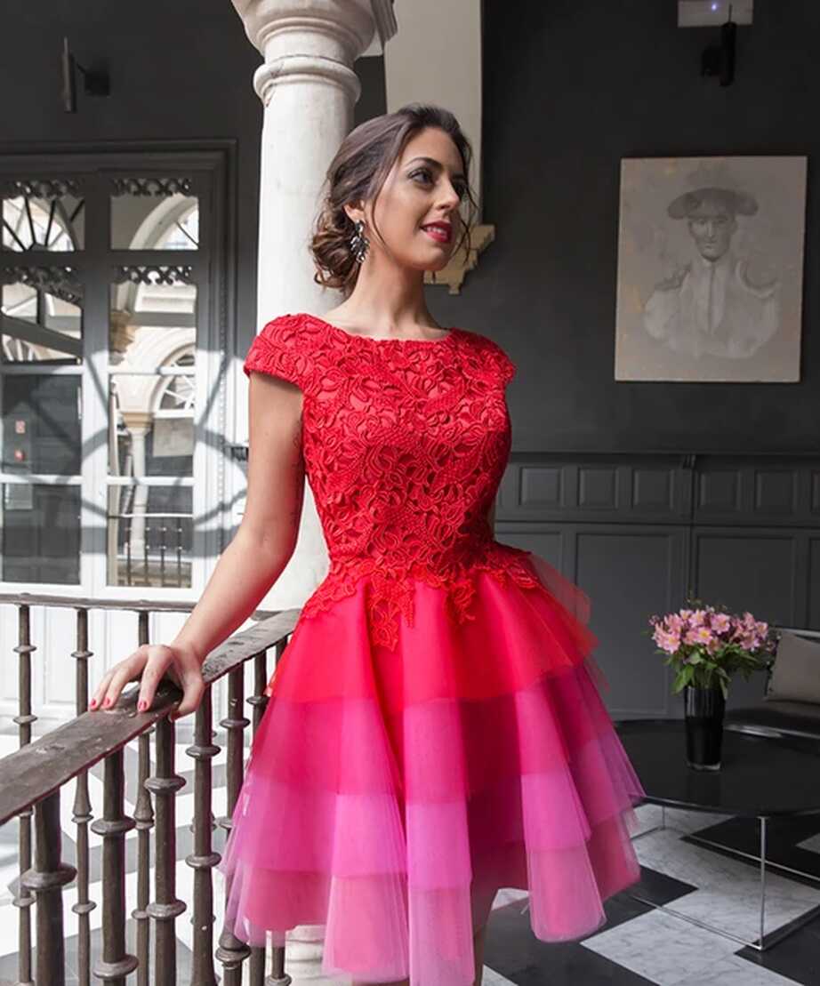 Red Cocktail Dresses A-line Cap Sleeves Tulle Lace Tiered Short ...