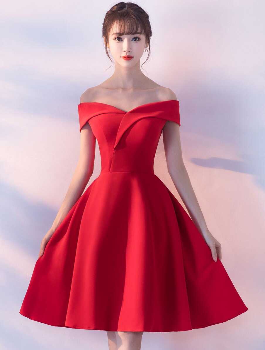 Red Cocktail Dresses Satin Off The Shoulder Short Homecoming Dress ...