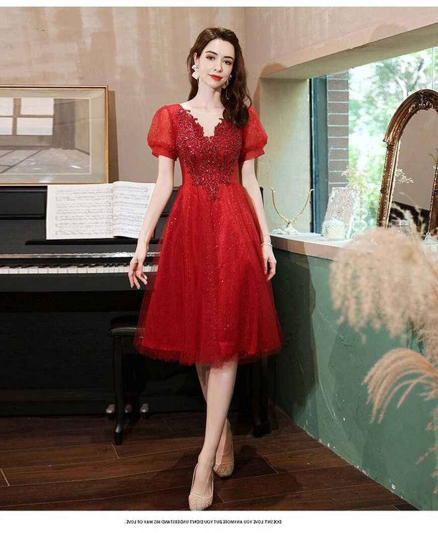 Red Cocktail Party Dress V Neck A Line Knee Length Short Sleeve ...