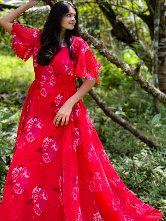 Red Color Digital Printed Georgette Gown - Clothsvilla