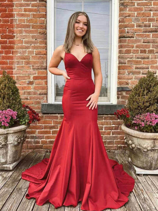 Red Color Mermaid Long Prom Dresses, V-neck 2022 Prom Dresses ...