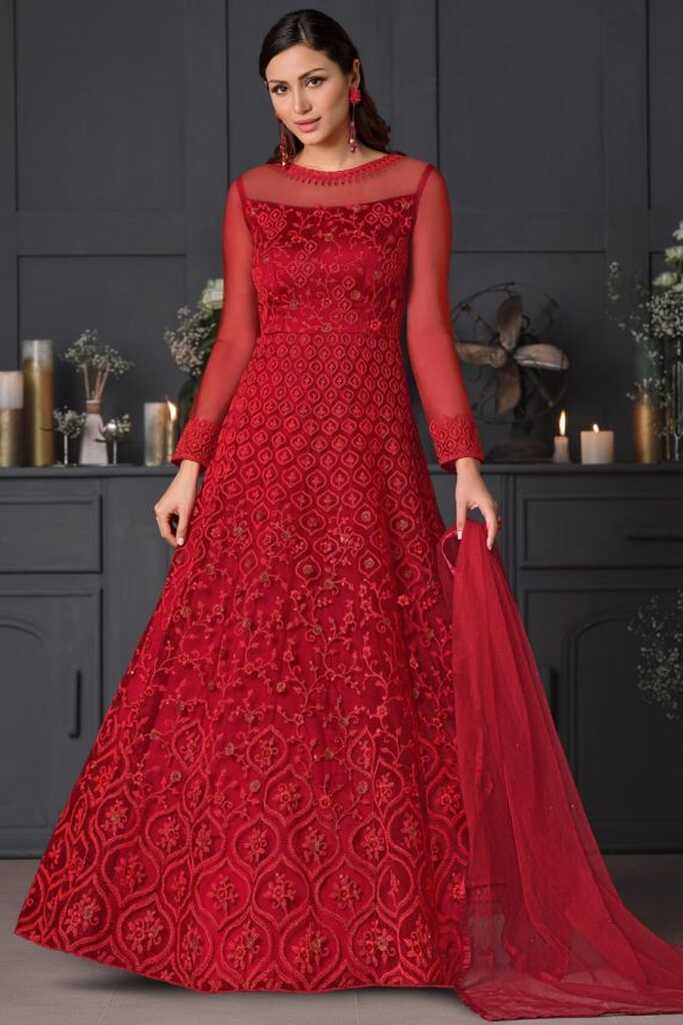 Red Color Net Fabric Fancy Embroidered Function Wear Anarkali ...