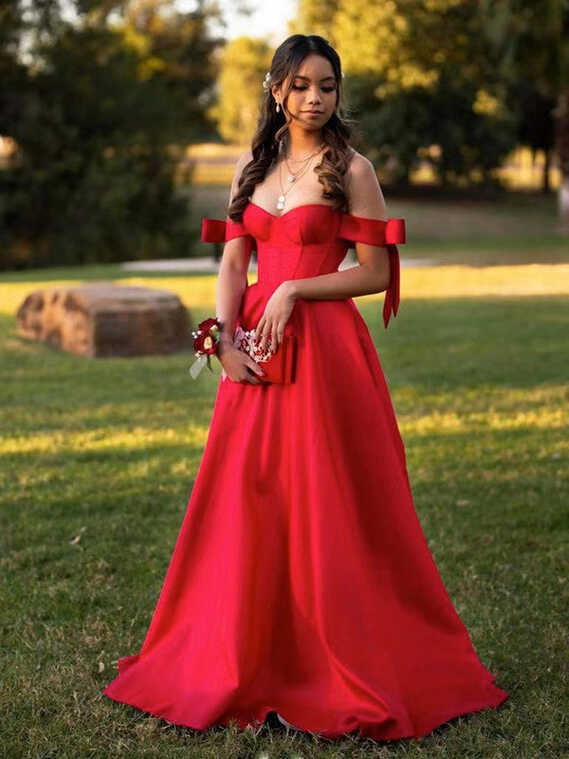 Red Color Off The Shoulder Long Prom Dresses, 2022 A-line Prom ...