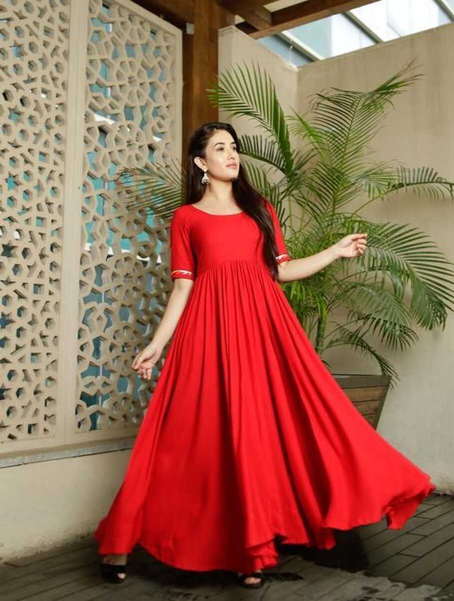 Red Color Plain Designer Full Stitched Rayon Party Wear Gown