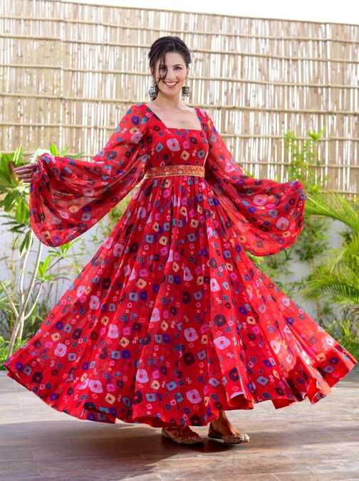 Red Color Trendy Georgette Floral Print Women&#39;s Gown - C