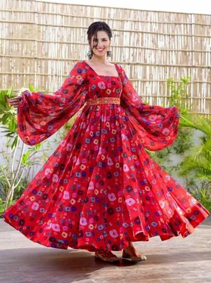 Red Color Trendy Georgette Floral Print Women&#39;s Gown, Georgette ...