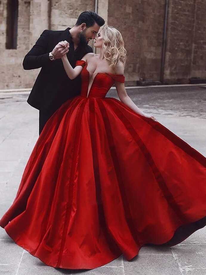 Red Deep V Neck Off Shoulder A Line Plus Size Wedding Dresses ...