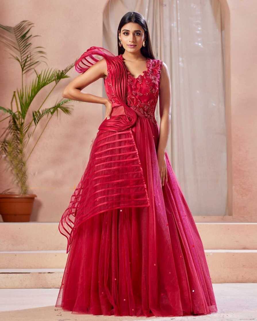 Red Designer Fancy Net Gown With Embroidery Work