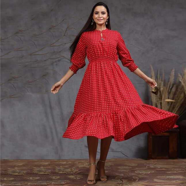 Red Dot Printed Pure Cotton Western Dress