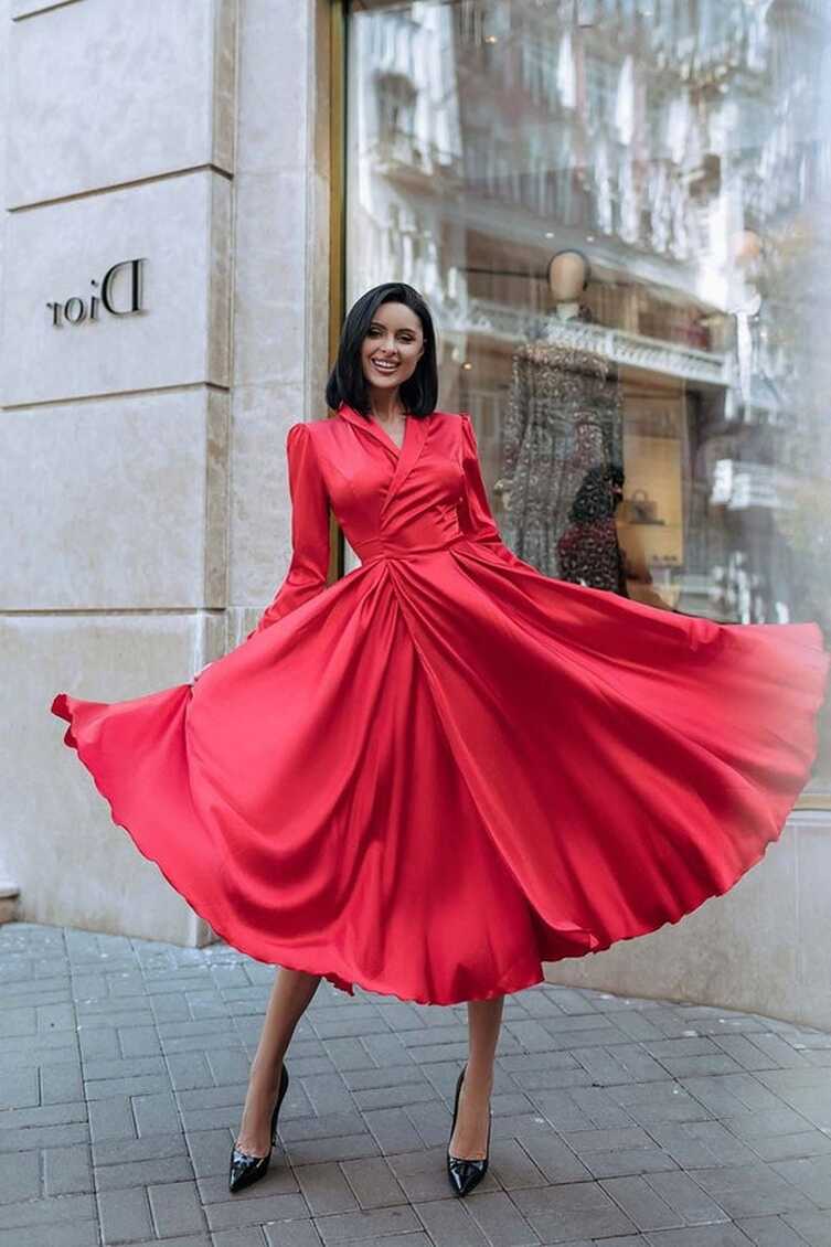 Red Dress With Full Circle Skirt, Wrap Silk Dress, Flowy Dress ...