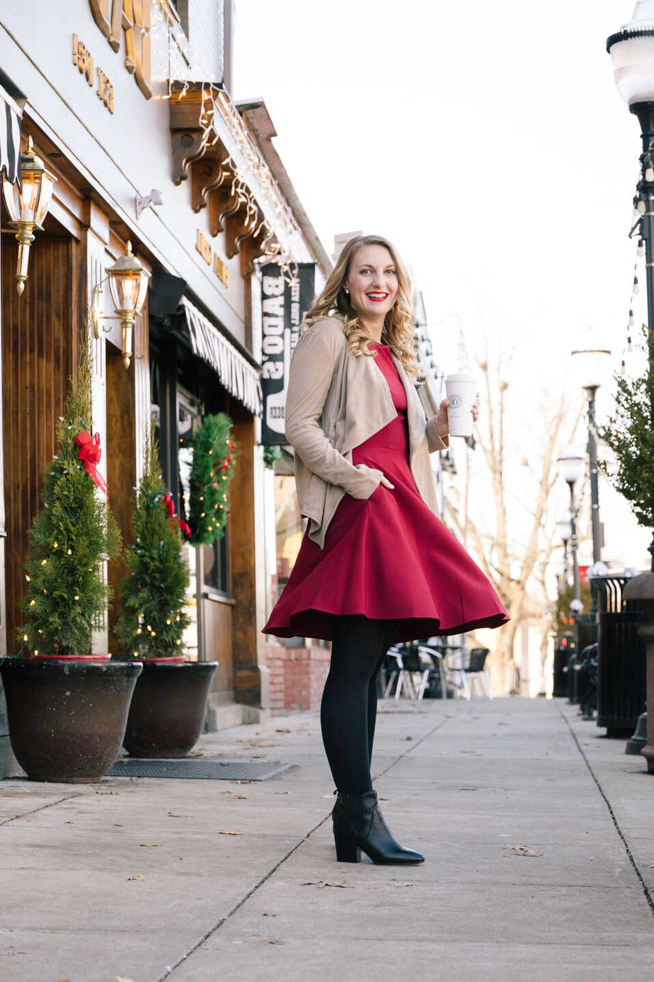 Red Dress with Black Tights Outfit - Allyn Lewis