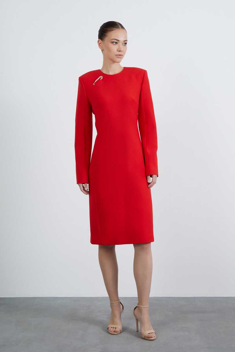 Red Dress with Midi-Length Long Sleeves and Pocket Details - Gizia