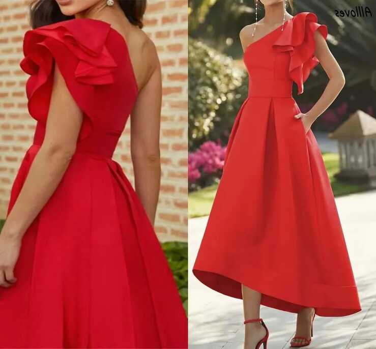 Red Elegant Satin Short Prom Party Dresses One Shoulder Ruffles ...