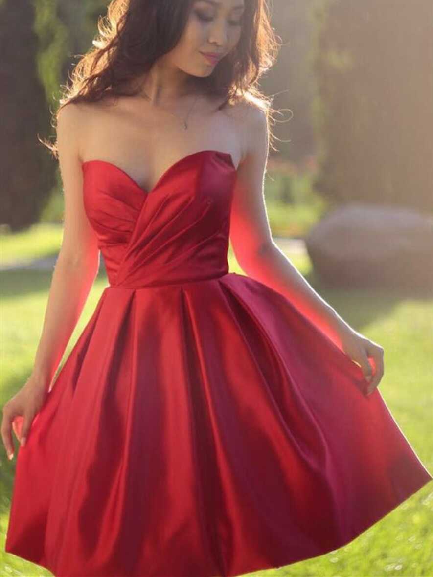 Red Elegant Simple Sweetheart Neck Short Satin Pron Dresses, Red ...